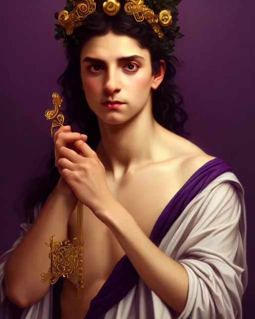 Prompt: portrait, cute young orphic dionysus, androgynous, chtonic god, dark purple greek robe, long black hair, gold detailing, very detailed, ornate, jewelry, character illustration, crepuscular rays, soft lighting, octane render, greg rutkowski, william bouguereau, magali villeneuve, sung choi, 8 k