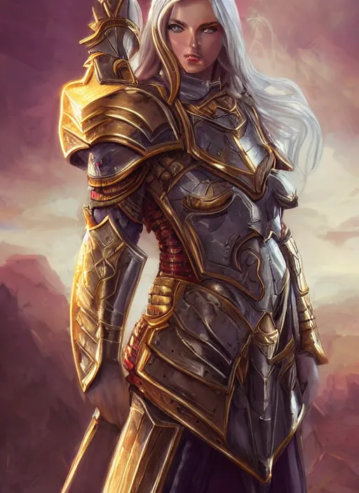 Prompt: full body portrait of beautiful paladin lady in the temple, face details, heavy brass armor, red ponytail, white skin, golden eyes, high fantasy, dnd, extremely detailed, smooth, sharp focus, digital illustration, by ironstylus, rossdraws, artgerm