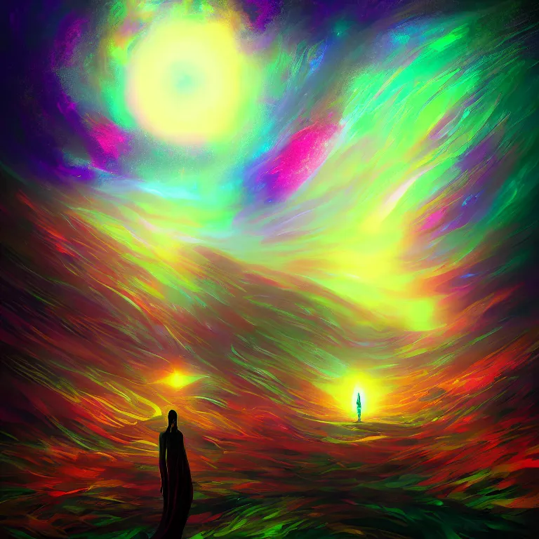 Prompt: person in the distance psychedelic disco that cant escape vortex black hole award winning digital art by anato finnstark