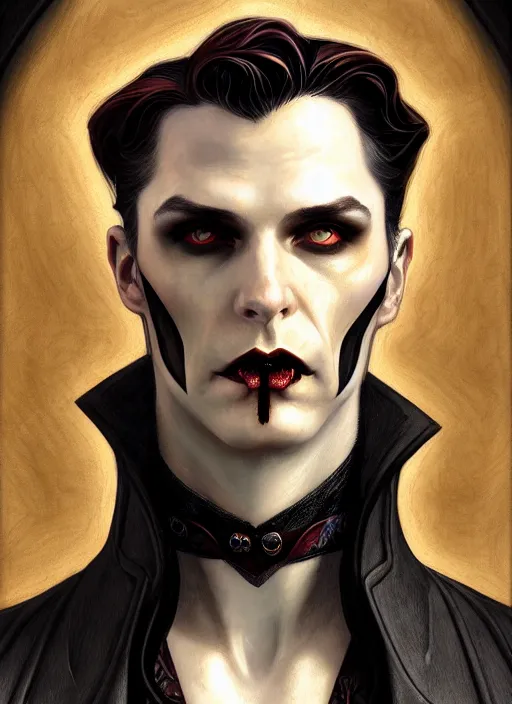 Prompt: an art nouveau, male vampire portrait in the style of charlie bowater, and in the style of donato giancola, and in the style of charles dulac. very large, clear, expressive, intelligent eyes. symmetrical, centered, ultrasharp focus, dramatic lighting, photorealistic digital painting, intricate ultra detailed background.