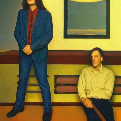 Prompt: rush, geddy lee, alex lifeson, neil peart, grant wood, pj crook, edward hopper, oil on canvas