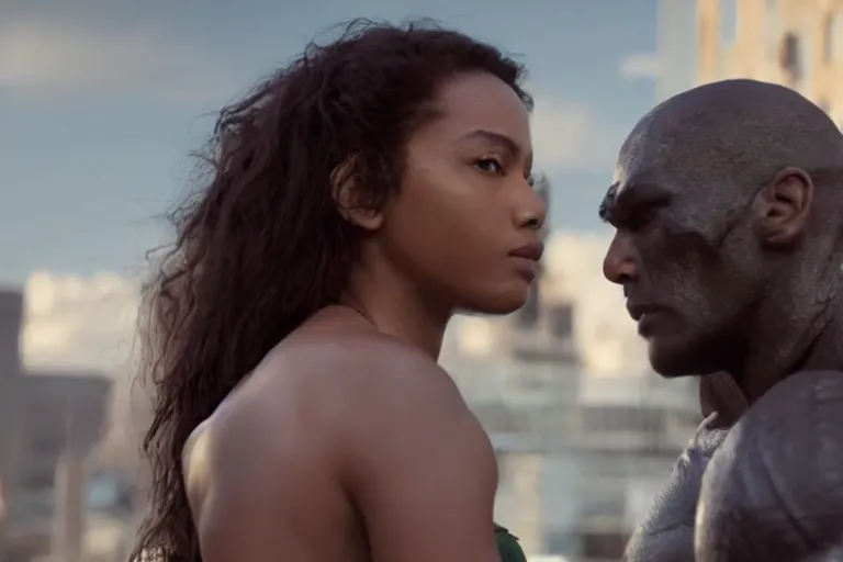 Prompt: movie powerful mutant heroes interracial couple closeup, DC Marvel fashion, VFX powers at night in the city, city street, beautiful skin, natural lighting by Emmanuel Lubezki