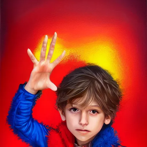 Prompt: colorful and festive captivating young child boy, brown fluffy hair, wearing red and yellow hero suit, doing the peace symbol with his hand. full body, rich vivid colors, ambient lighting, dynamic lighting, 4 k, atmospheric lighting, painted, intricate, highly detailed by charlie bowater