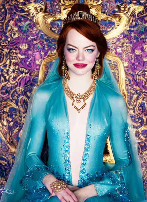 Image similar to portrait of emma stone as princess jasmine in persian palace, by charlotte grimm, natural light, detailed face, beautiful nails,, canon eos c 3 0 0, ƒ 1. 8, 3 5 mm, 8 k, medium - format print, half body shot