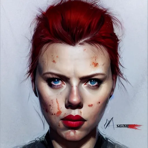 Image similar to scarred doomguy played by scarlett johansson, face portrait, hd shot, digital portrait, elegant, beautiful, fantasy art, artstation, comic style, by artgerm, guy denning, jakub rozalski, magali villeneuve and charlie bowater