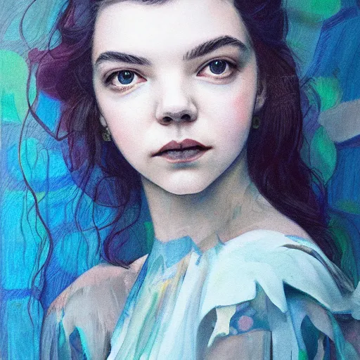 Prompt: anya taylor - joy ethereal look portrait in detail in block colour by james jean,