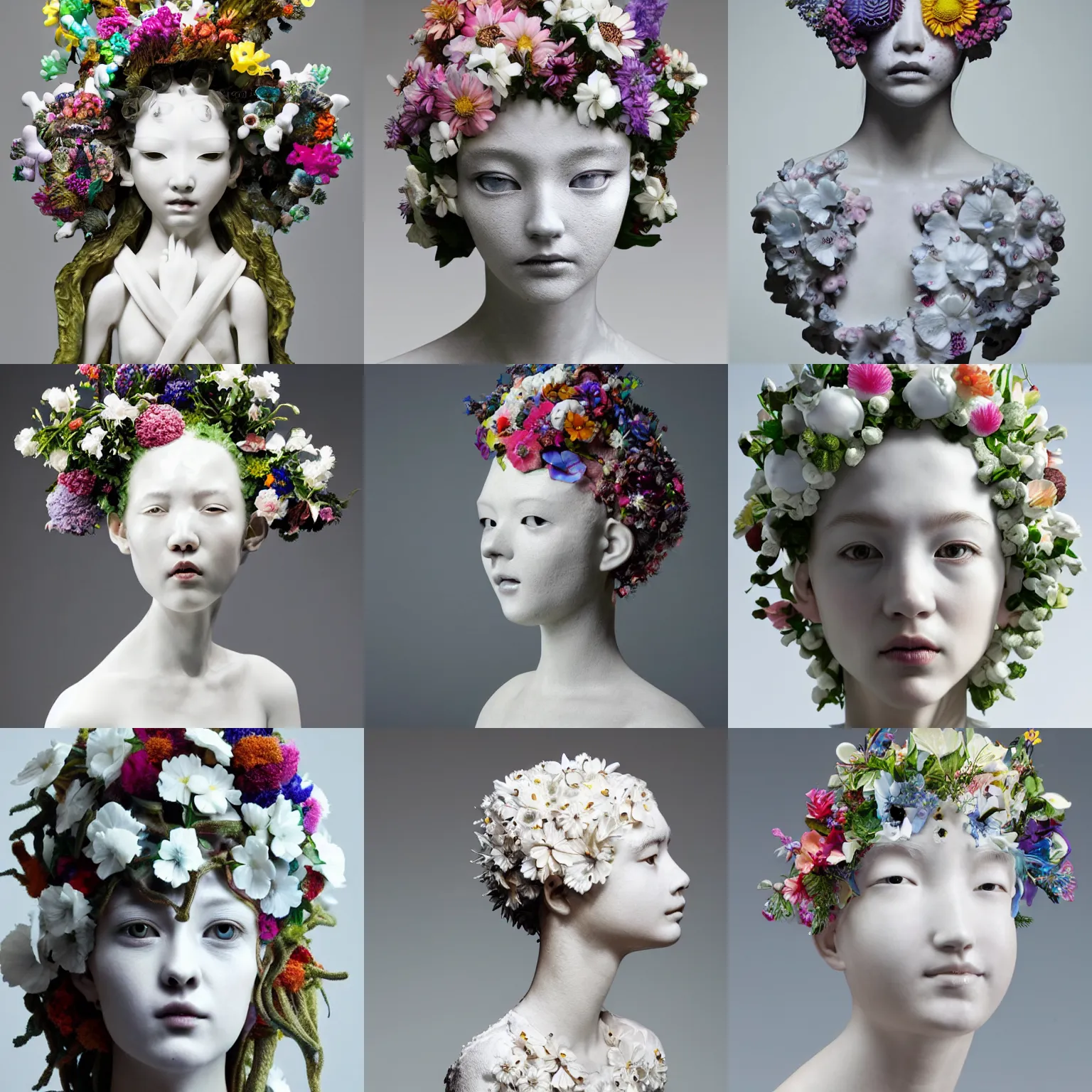 Prompt: full head and shoulders, beautiful female white, award - wining porcelain sculpture, with lots of colorful flowers attached to head by yoshitaka amano, daniel arsham and sandra chevrier. she looks radiant, very happy. on a white background, delicate facial features, white eyes, white lashes, high - resolution, perfect composition