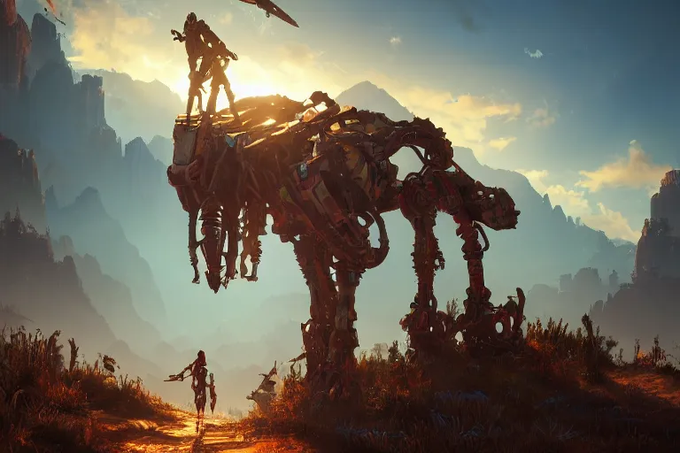 Image similar to tallneck machine mecanical creature robot of horizon forbidden west horizon zero dawn radiating a glowing aura global illumination ray tracing hdr fanart arstation by ian pesty and alena aenami artworks in 4 k