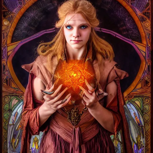 Image similar to portrait of a human warlock ,fantasy, D&D, HDR, , natural light, medium close shot, dynamic pose, award winning photograph, Mucha style