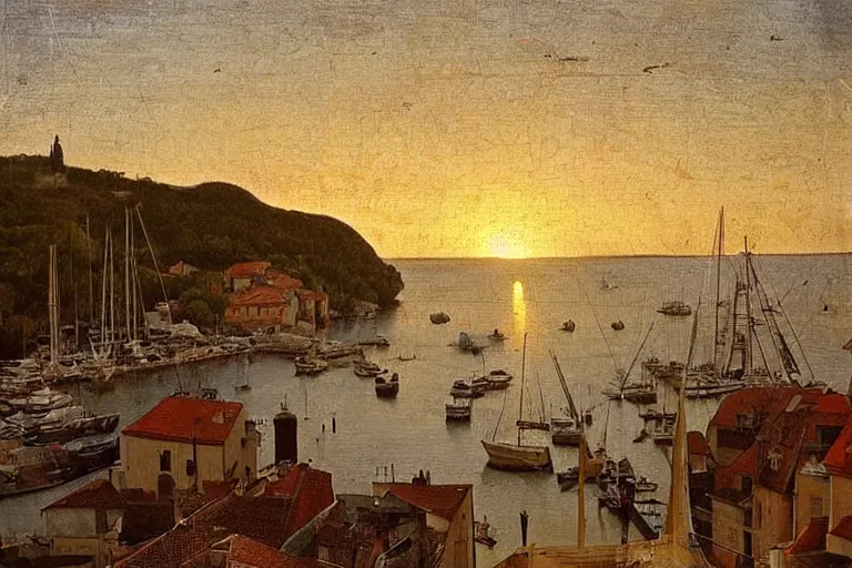 Prompt: Croatian coastline, small port village, sailing boats, golden hour, Leonardo da Vinci painting, trending on interfacelift