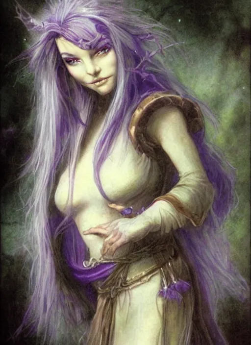 Image similar to portrait of young female sorceress of the endtimes, transluscent skin, lavender hair, beautiful! coherent! dungeons and dragons character, by brian froud, strong line, cool night color, high contrast