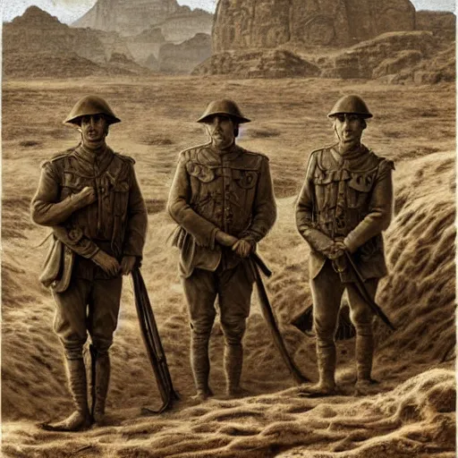 Image similar to ultra detailed photorealistic sepia - toned painting from 1 9 1 7, three british soldiers standing at an archaeological dig site in wadi rum, ultra realistic, painted, intricate details, epic, lovecraft, atmospheric, dark, horror, brooding, highly detailed, by dave dorman