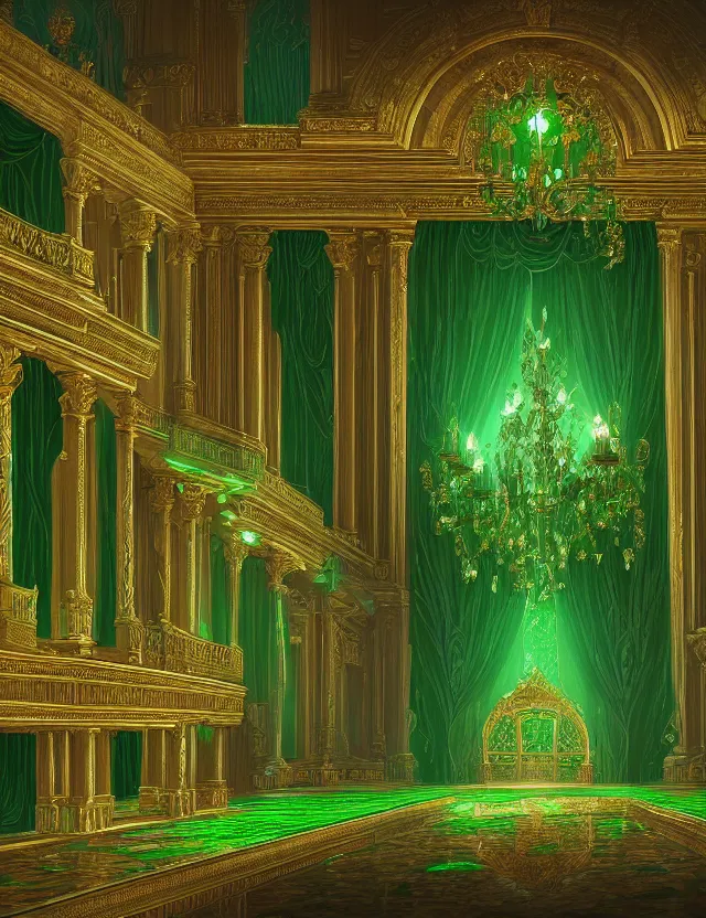 Image similar to a detailed digital painting of a palace made of gleaming emeralds, trending on artstation, digital art, 4 k resolution, detailed, high quality, sharp focus, hq artwork, coherent, insane detail, character portrait