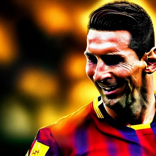 Image similar to lionel messi crying on cristiano ronaldo's shoulder, cristiano is very proud of himself, digital art, art station, high quality, very detailed, golden hour, 8k