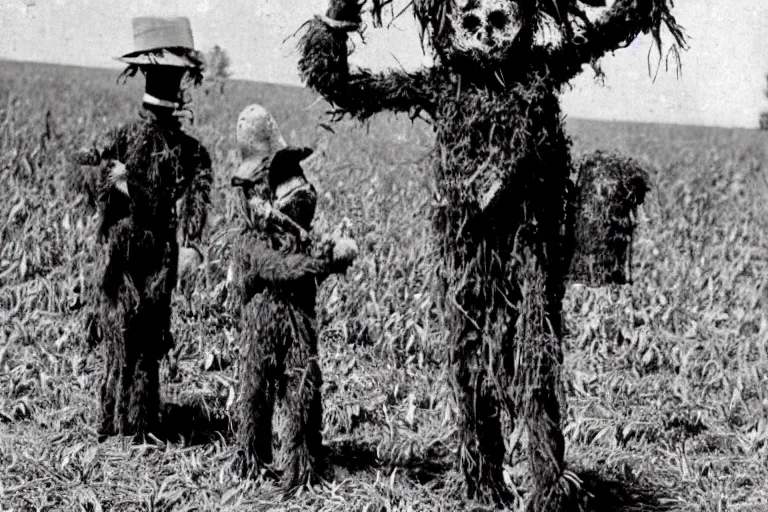 Prompt: disturbing scarecrow from the early 1 9 0 0's leading children into the cornfields