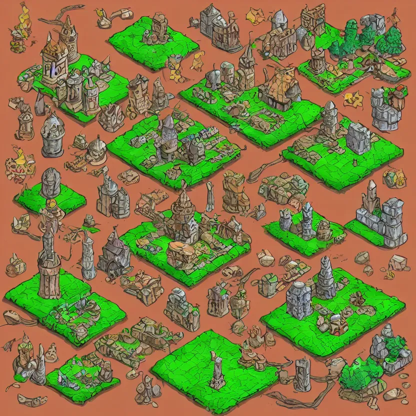 Image similar to set of isometric game tiles, containing a wizard's tower, enemies'hideouts and several resources, colored lineart from resource gathering game