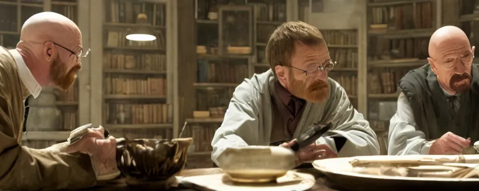 Image similar to walter white teaching harry potter to cook meth, hd, photorealistic, cinematic