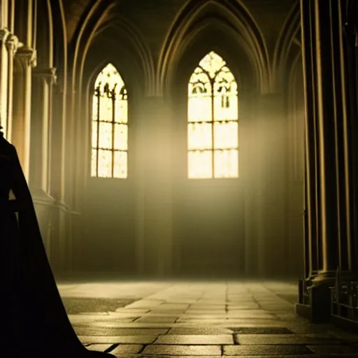 Prompt: intense medium shot of rosamund pike as a vampire in a gothic cathedral at night, gloomy, cinematic, ground mist, volumetric light.