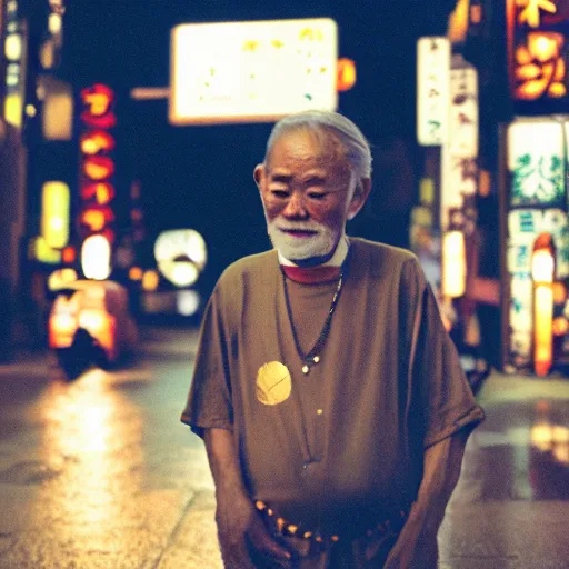 Image similar to old man in tokyo at night, wearing gold chain, gold rings, cinestill 8 0 0,