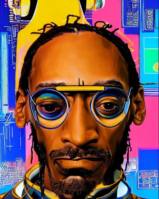 Prompt: a cyberpunk portrait of a snoop dogg by jean - michel basquiat, by hayao miyazaki by artgerm, highly detailed, sacred geometry, mathematics, snake, geometry, cyberpunk, vibrant, water