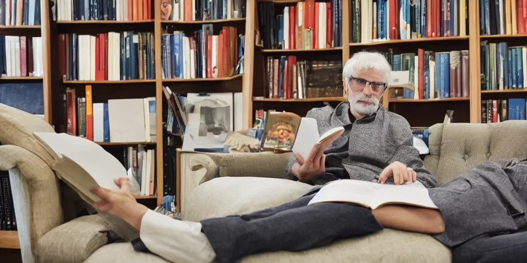 Prompt: a blonde psychoanalyst in his office, with a book in his hand and a patient lying on the couch