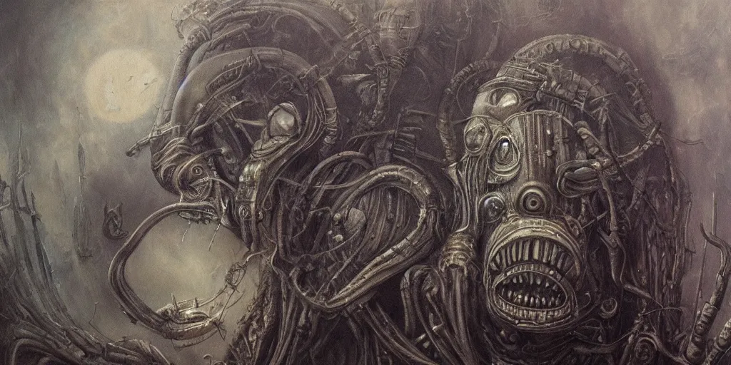 Image similar to a foggy highly detailed oil painting of a aetherpunk god by h. r giger in the style of romanticism art, trending on art station