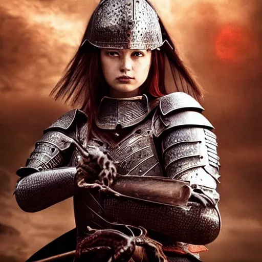 Image similar to a beautiful female knight without any battle experience who only came to see a dragon, symmetrical, cinematic, real photography