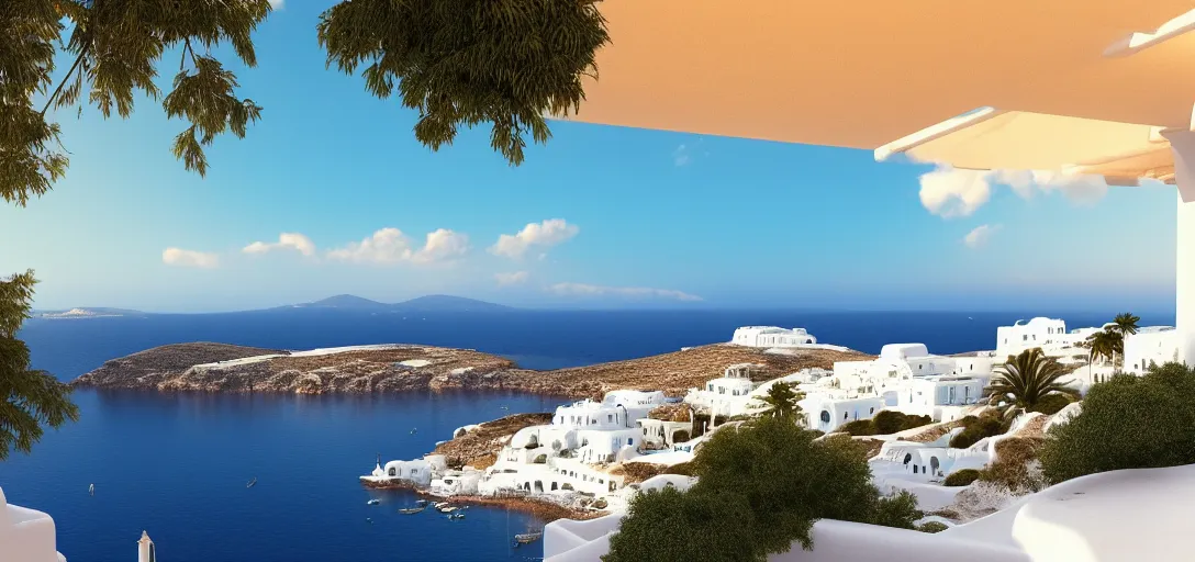 Prompt: beautiful peaceful grecian landscape in summer, blue skies, hills in the far background distance, sea reflecting of the sun, white buildings, mykonos, cinematic lighting, soft glow, wide angle, focus, 3 d artstation render, unreal engine