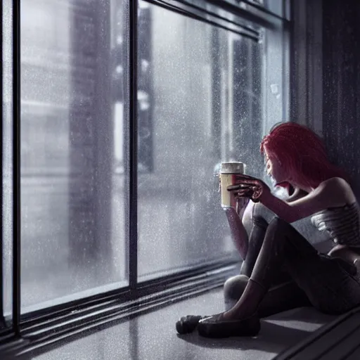 Prompt: A young woman sitting inside a cafe looking out of a window while it's raining outside, nighttime, cyberpunk, ultra realistic, concept art, intricate details, eerie, highly detailed, photorealistic, octane render, 8k, unreal engine, art by Bjorn Hurri