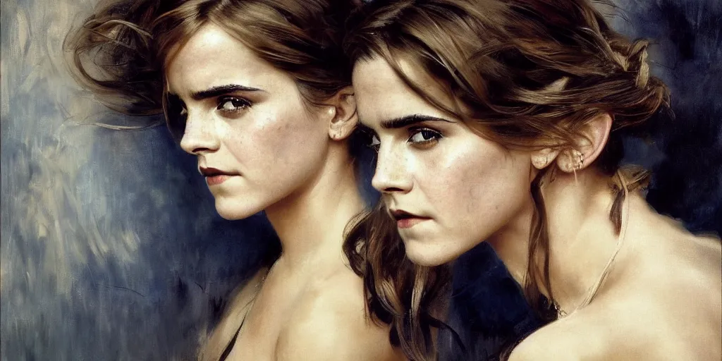 Image similar to emma watson frowning detailed portrait painting by gaston bussiere craig mullins j. c. leyendecker photograph by richard avedon peter lindbergh annie leibovitz