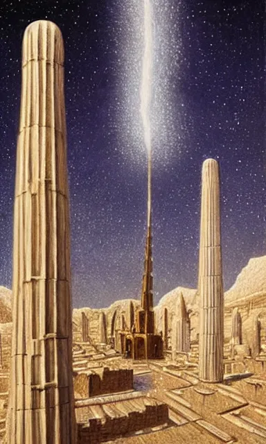 Image similar to the temple of truth is white, whole, holy and beautiful, but is surrounded by a crater of ruin and desolation. it's spire reaches up to the heavens and is topped with a gold statue. | painting by rob gonsalves. stark contrast. landscape painting. trending on artststion. matte painting. awe inspiring