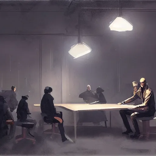 Image similar to concept art by greg rutkowski, a very tall, slender man sitting with a group of people using a desk as a makeshift dining table, inside a futuristic police station converted as a shelter, low lighting, depressing atmosphere, scifi, digital painting, artstation, concept art, smooth, sharp foccus ilustration, artstation hq