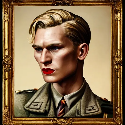 Image similar to A Hearts of Iron IV portrait of a blonde German actor with high cheekbones. Good bone structure. Dressed in 1940s style. Highly detailed, fine Art, high detail, great lighting, 8k resolution, masterpiece, concept art, illustration, clear eyes, painting oil on canvas, octane render, HDR, trending on artstation, 4k, 8k, HD