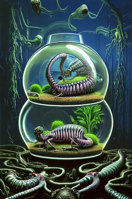 Prompt: a hyperrealistic detailed painting of a futuristic museum of abominations, rounded glass terrarium displays with mutated creature, scientific specimens, oddities, cinematic lighting, depth perspective, depth of field, cinematic angle, by chris cunningham and richard corben, highly detailed, vivid color,