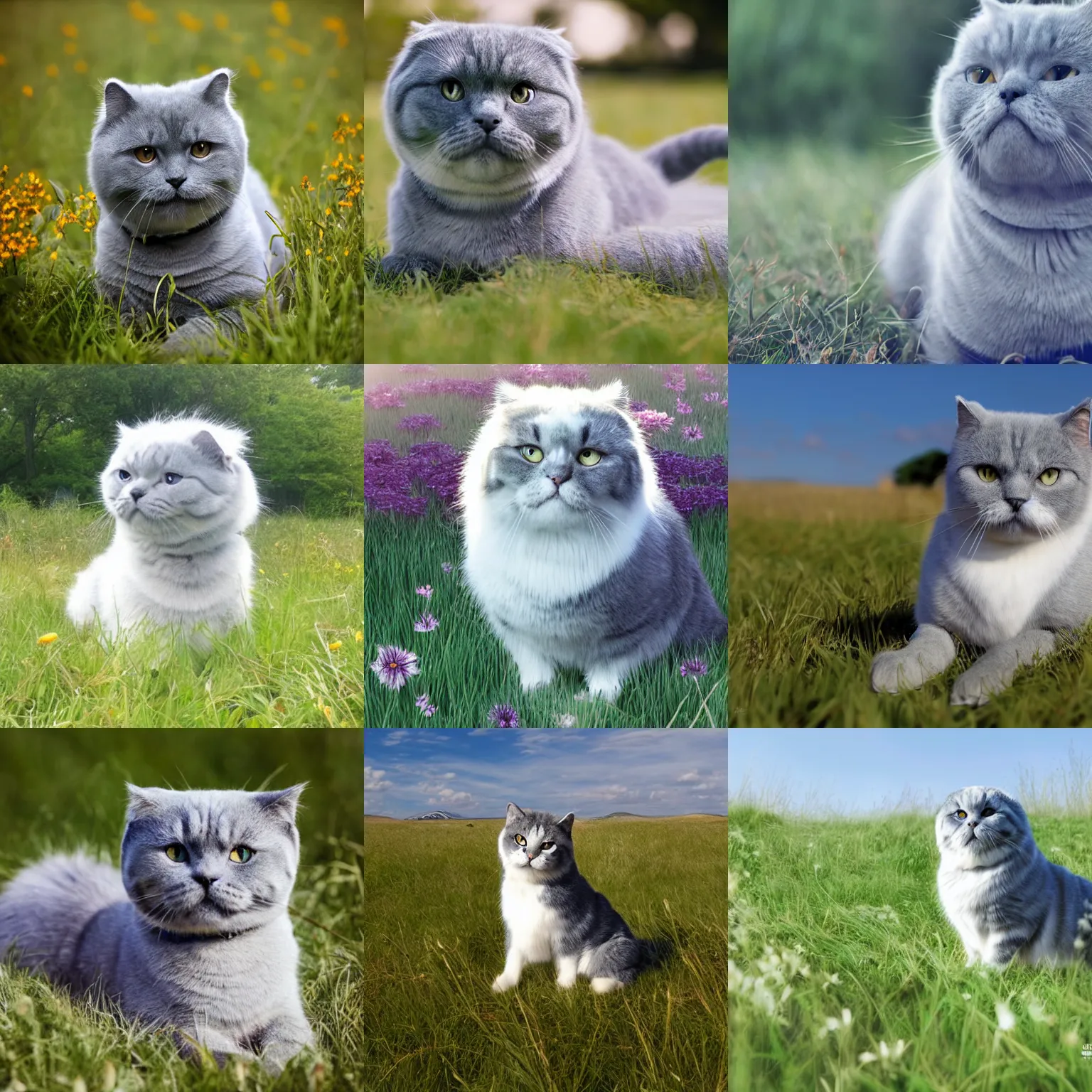 Prompt: a gray scottish fold sitting in the middle of sunny meadow, by makoto shinkai