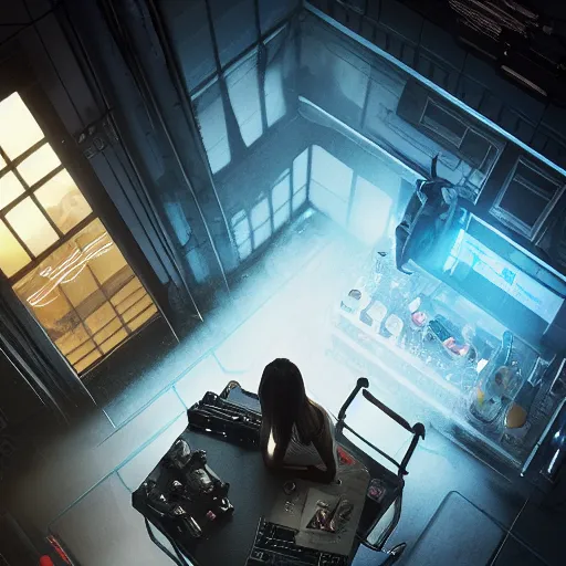 Prompt: cyberpunk room top view with girl on table laboratorie experiment attache , liquide in tube, technologique , technomancer , alien experimente the futur dark by Greg Rutkowski, Sung Choi, Mitchell Mohrhauser, Maciej Kuciara, Johnson Ting, Maxim Verehin, Peter Konig, Bloodborne , 8k photorealistic, cinematic lighting, HD, high details, atmospheric , trending on artstation