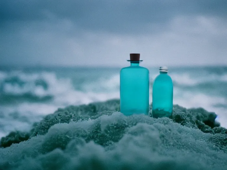 Image similar to cinestill 5 0 d photography of perfume emerging from seafoam bottle 3 / 4 style of nicholas fols, 2 0 0 mm, mute dramatic colours, soft blur outdoor stormy sea background, volumetric lighting, hyperdetailed, hyperrealistic