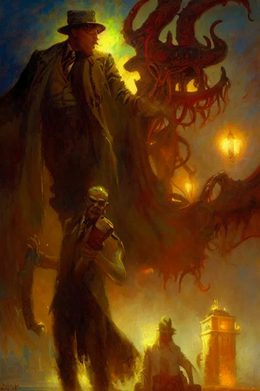 Prompt: the call of cthulhu painting by gaston bussiere, craig mullins