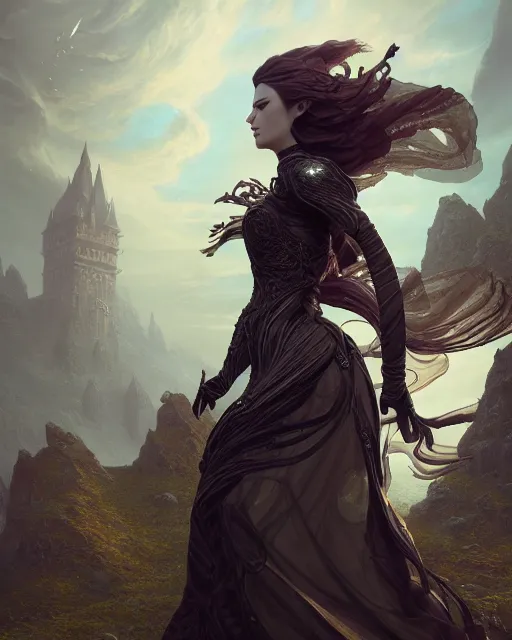 Prompt: rhythm of the wind, beauty portrait, gothic arc, lineage revolution 2. armor, detailed hair, fractal crystal, castle, intricate environment, fantasy art by greg rutkowski, ross tran, peter mohrbacher, craig mullins, thomas kinkade. unreal engine 5 highly rendered, blender, octane, ray tracing. sharp focus, post processing