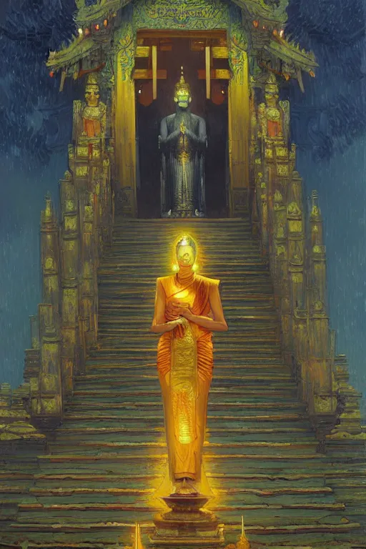 Prompt: temple, buddhism, painting by greg rutkowski, artgerm, vincent van gogh, j. c. leyendecker