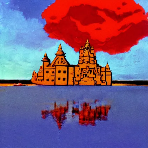 Image similar to by sudersan pattnaik, by emil nolde evocative, hideous. a beautiful digital art of a castle in the clouds.