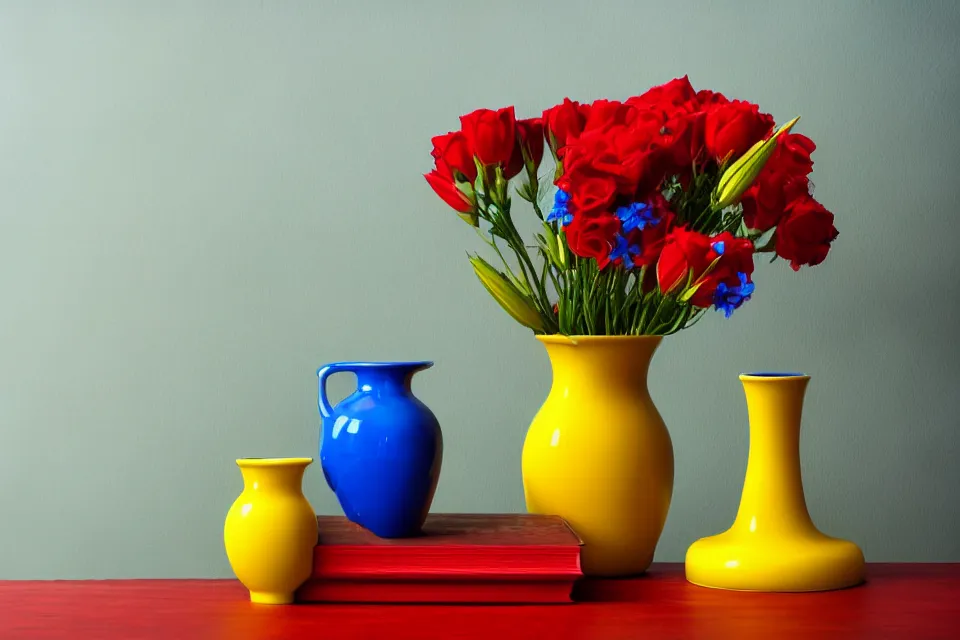 Image similar to red book and yellow vase with blue flowers, photo