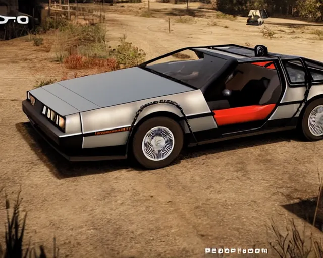 Image similar to new concept for a delorean, cinematic, photoreal, by red dead redemption 2