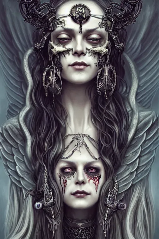 Image similar to evil angels that look like hippies with chain hair dancing with chains, fantasy, face with skull mask, long hair, intricate, elegant, highly detailed, digital painting, artstation, concept art, smooth, sharp focus, illustration, art by artgerm and greg rutkowski and aleister crowley