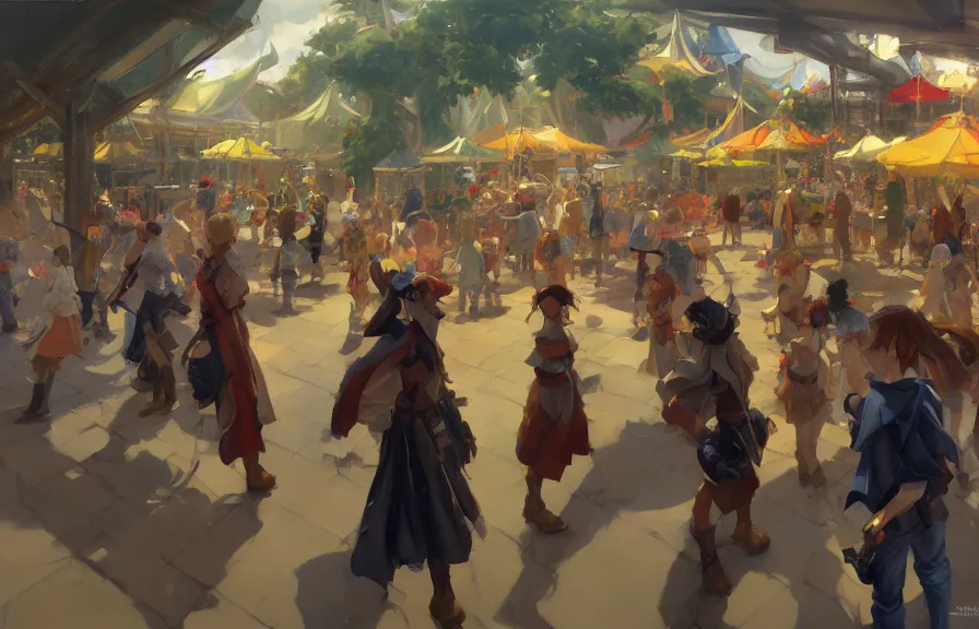 Image similar to greg manchess concept art of the millennial fair from chrono trigger, outdoor fairgrounds, striped pavillions, leene's bell, key visual, ambient lighting, highly detailed, digital painting, artstation, concept art, sharp focus, by makoto shinkai and akihiko yoshida and hidari and wlop and greg rutkowski