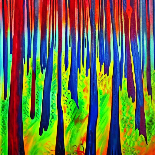 Prompt: paint of acrylic dripped forest with green, blue, red tree trunks. acrylic on canvas, postmodern, impressionist