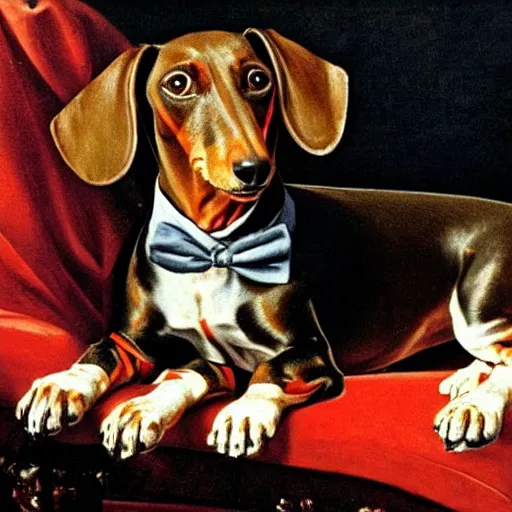 Image similar to a dachshund wearing a bow tie on a victorian couch, an oil painting by caravaggio, epic lighting