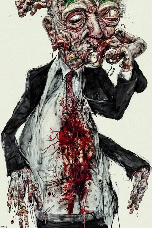 Image similar to George Soros full body shot, Body horror, biopunk, by Ralph Steadman, Francis Bacon, Hunter S Thompson