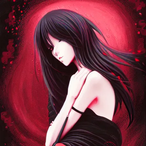 Prompt: beautiful seductive female goddess, in the rain, highly detailed, painting, dark red and black color palette, intricate, high quality anime artstyle, in the style of sana takeda