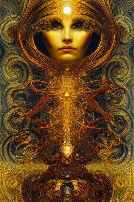 Image similar to Divine Chaos Engine by Karol Bak, Jean Deville, Gustav Klimt, and Vincent Van Gogh, visionary, sacred fractal structures, ornate gilded medieval icon, spirals, 8k 3D